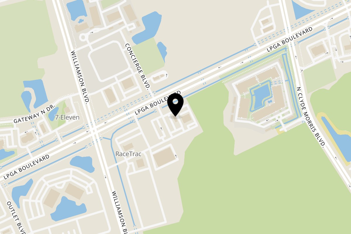 Map showing the location of Oliv Epicurean Grill on 2071 LPGA Blvd Suite 300 in Daytona Beach